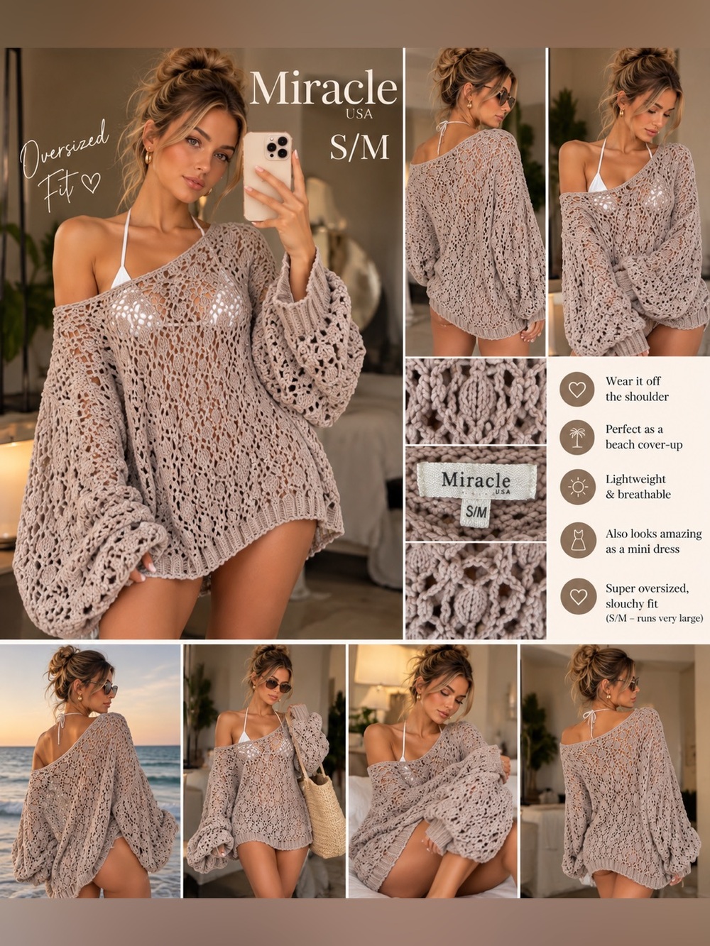 Miracle Taupe Crochet Knit Beach Cover-Up Sweater